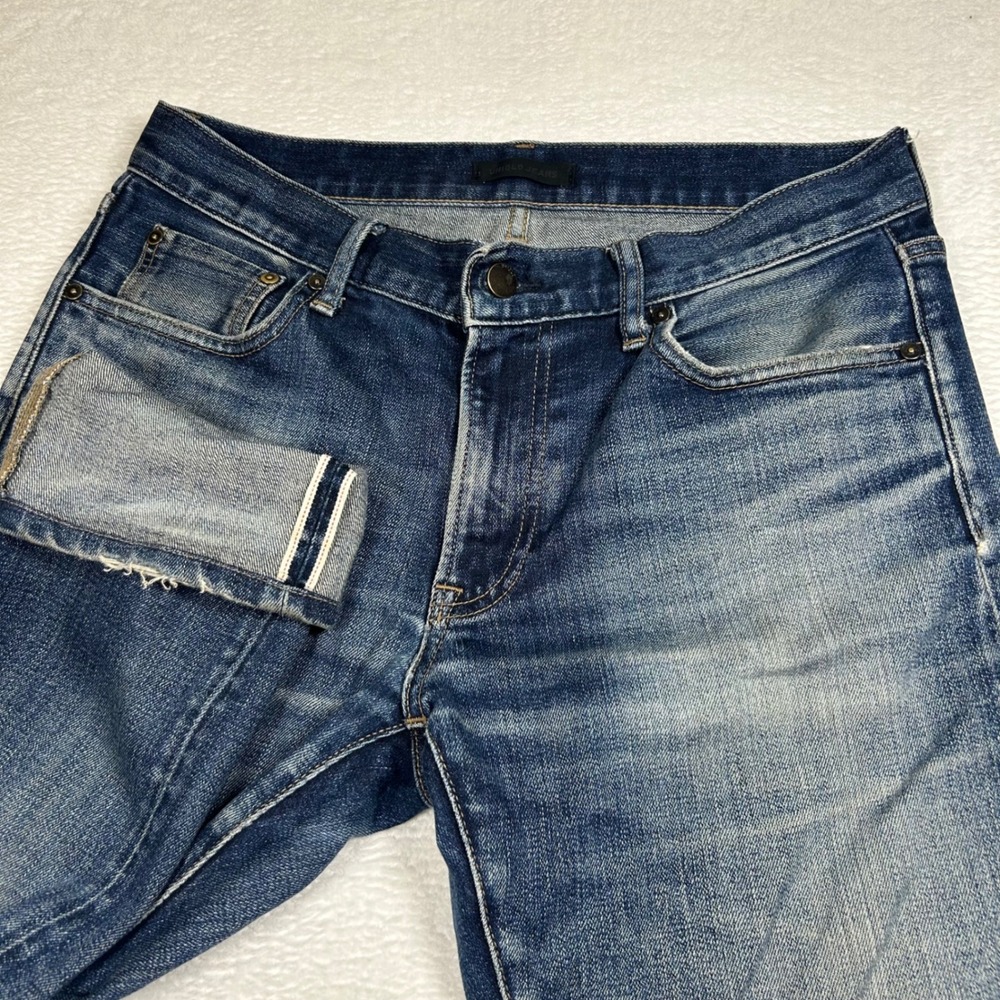 Uniqlo Slim Straight Jeans Selvedge Faded Denim Sz 31x32 Blue Stretch Distressed